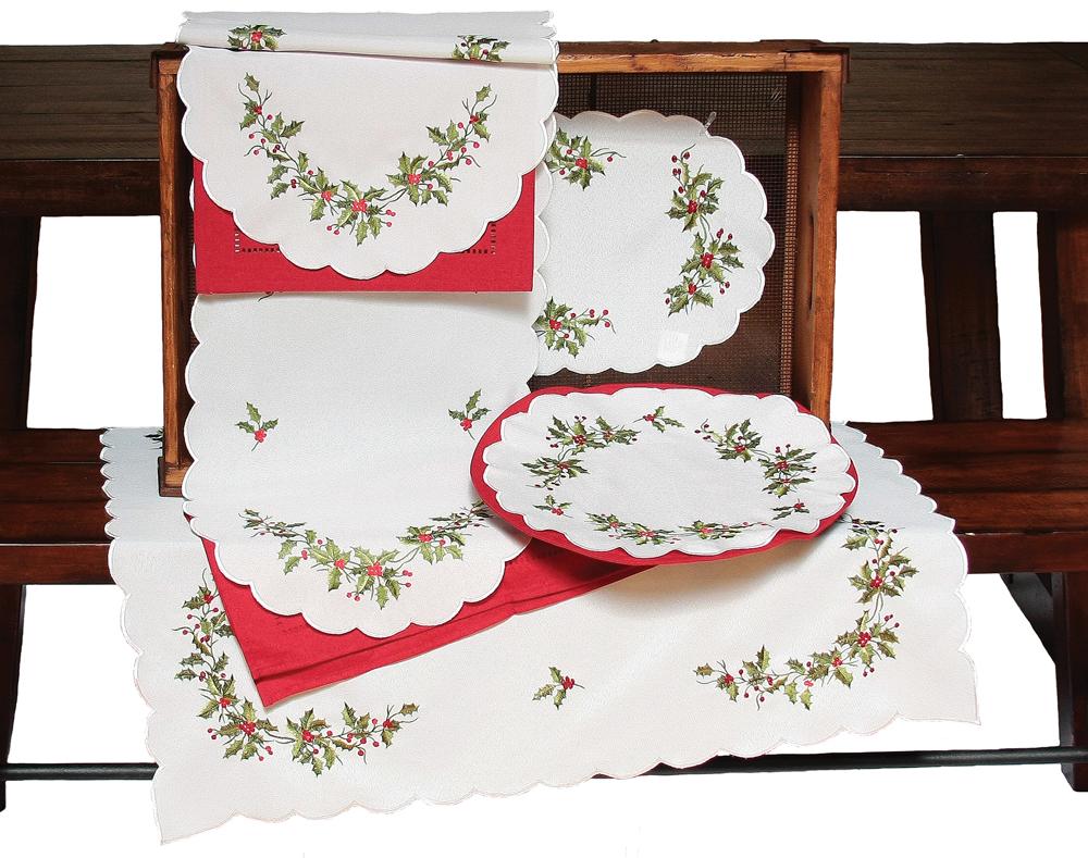 XD14790 Mistletoe Table Runner featuring elegant mistletoe embroidery on a crisp white background, perfect for holiday dining.