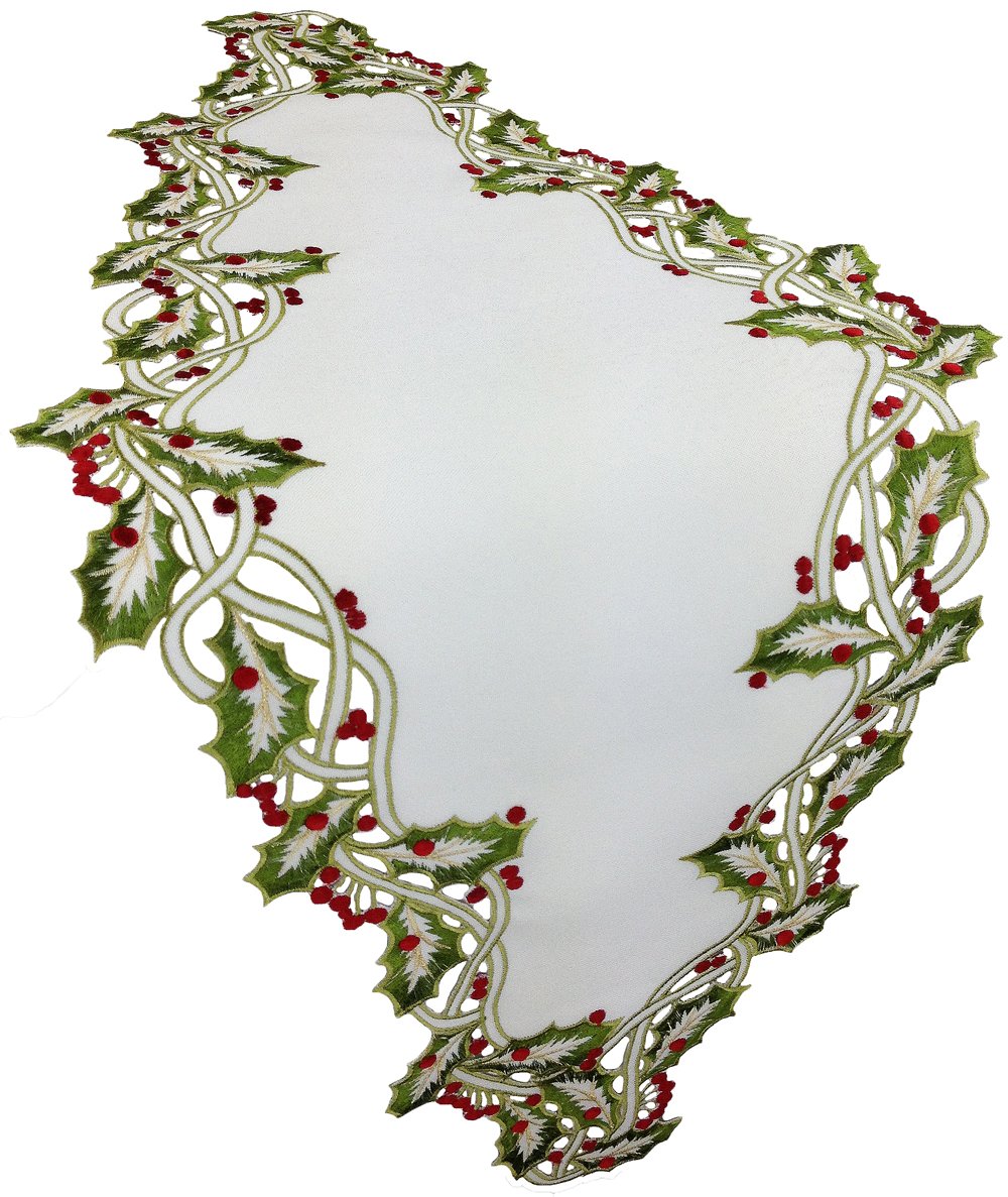 XD14791 Holly Embroidered Table Runner featuring intricate holly leaf embroidery and elegant cutwork on a crisp background.