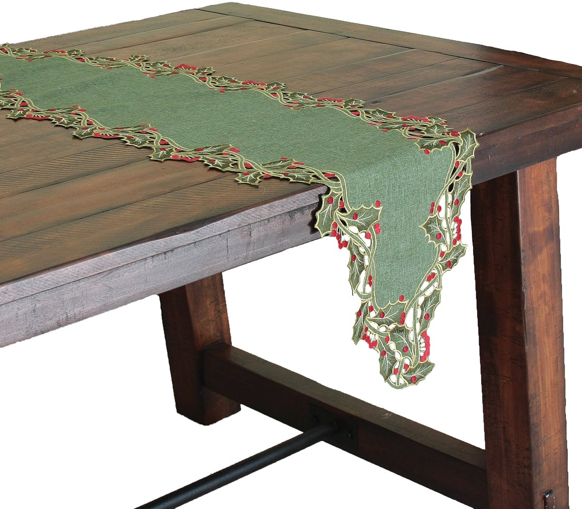 XD14791 Holly Embroidered Table Runner featuring intricate holly leaf embroidery and elegant cutwork on a crisp background.