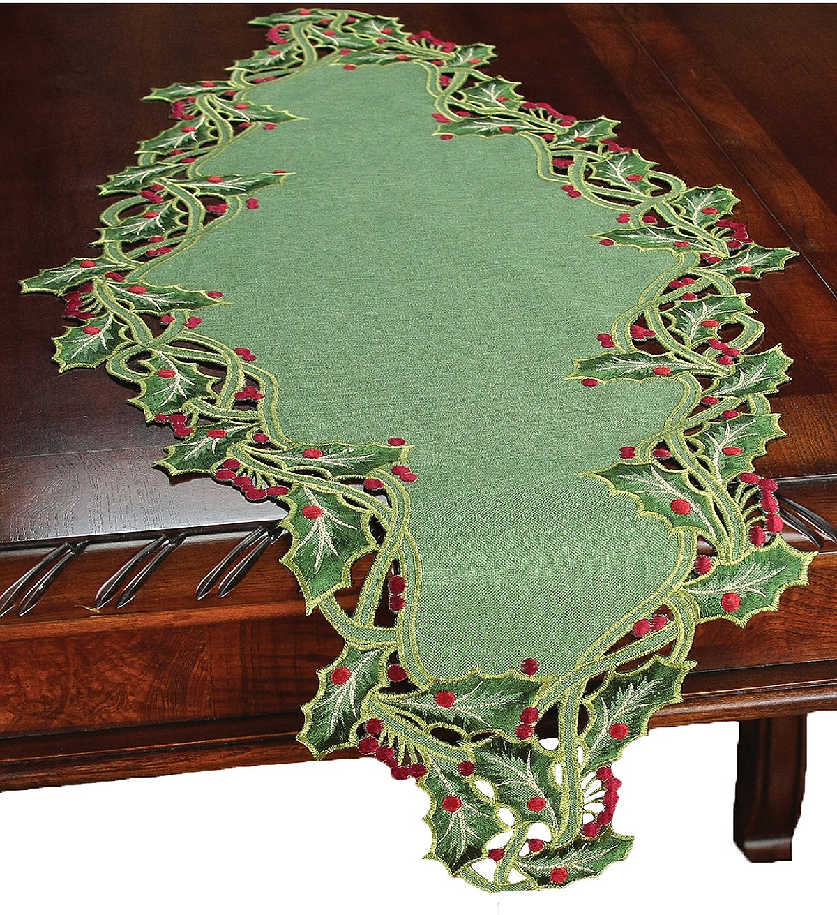 XD14791 Holly Embroidered Table Runner featuring intricate holly leaf embroidery and elegant cutwork on a crisp background.