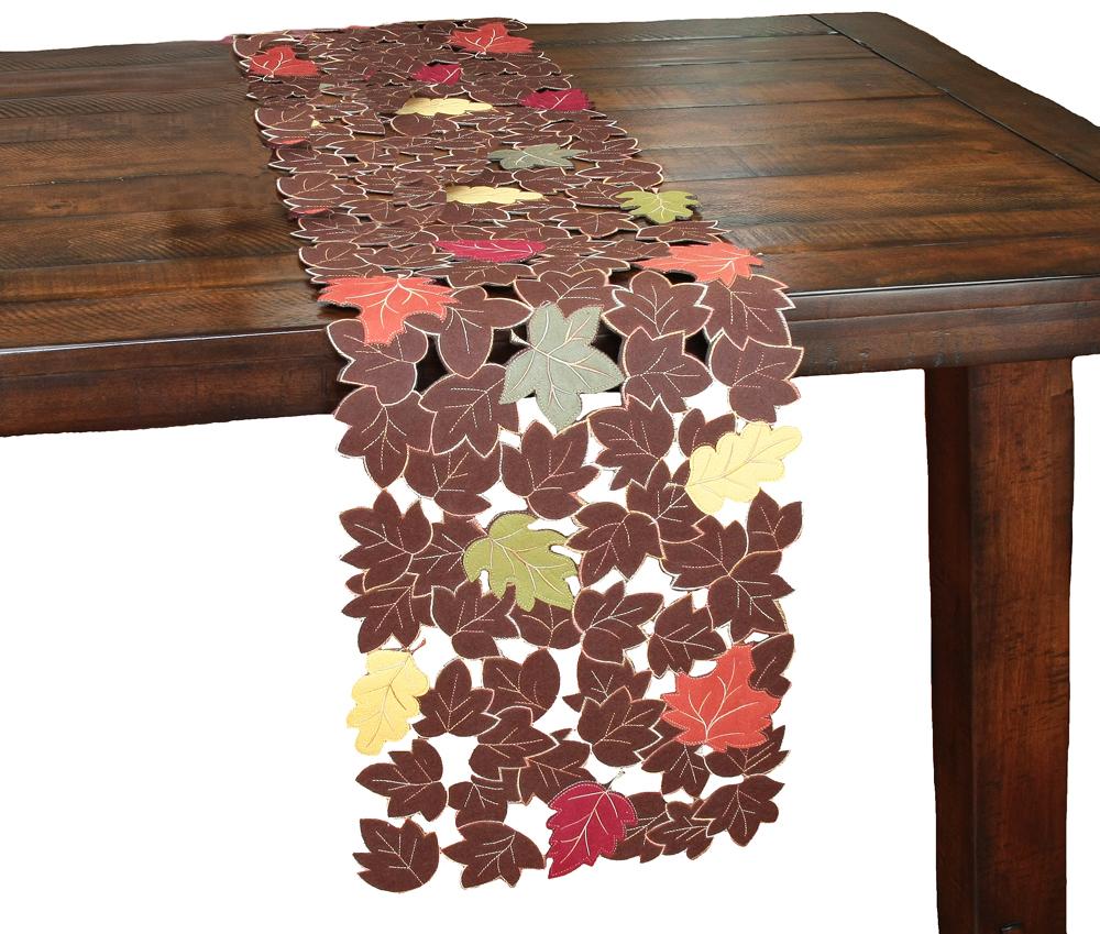 XD14991 Forest Blanket Table Runner featuring embroidered autumn leaves in chocolate, rust, and gold colors on poly-suede fabric.