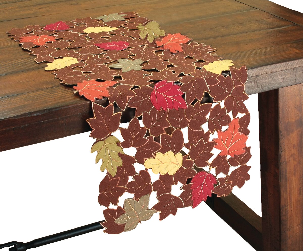 XD14991 Forest Blanket Table Runner featuring embroidered autumn leaves in chocolate, rust, and gold colors on poly-suede fabric.