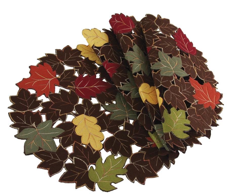 Set of 4 XD14991 Forest Blanket Round Placemats featuring embroidered autumn leaves in chocolate, rust, and gold colors.