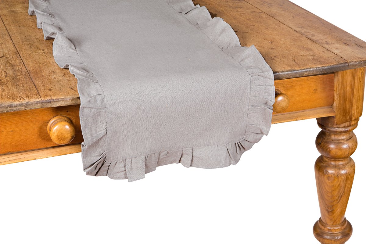 XD15109 Ruffle Trim Solid Table Runner featuring elegant ruffle accents, made from soft linen and durable polyester, perfect for any dining occasion.