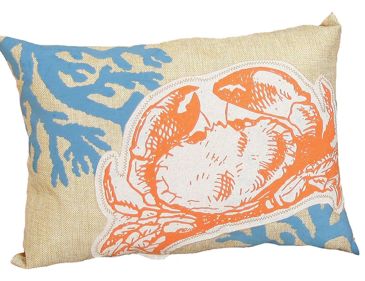 XD15135 Applique Crab Coastal Pillow featuring a crab design on faux burlap with coral accents, perfect for coastal decor.