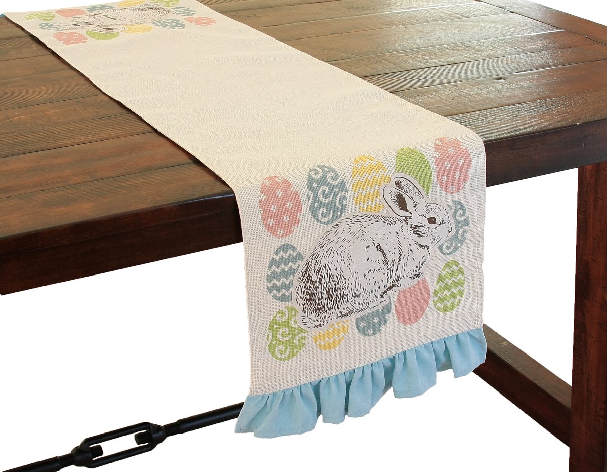 XD15151 Bunny Eggs Applique Jute Table Runner featuring colorful Easter eggs and a cute bunny design with a faux-sued ruffle edge.