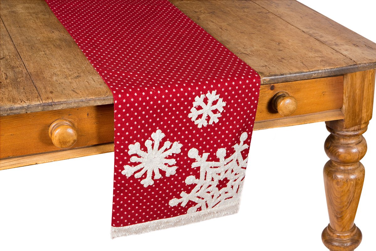 XD15828 Snowflake Table Runner featuring red fabric with white and silver snowflakes on a polka dot background, perfect for winter decor.