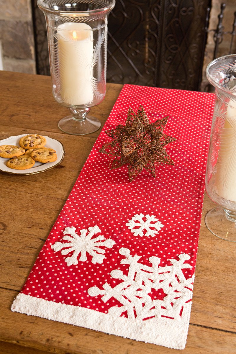 XD15828 Snowflake Table Runner featuring red fabric with white and silver snowflakes on a polka dot background, perfect for winter decor.