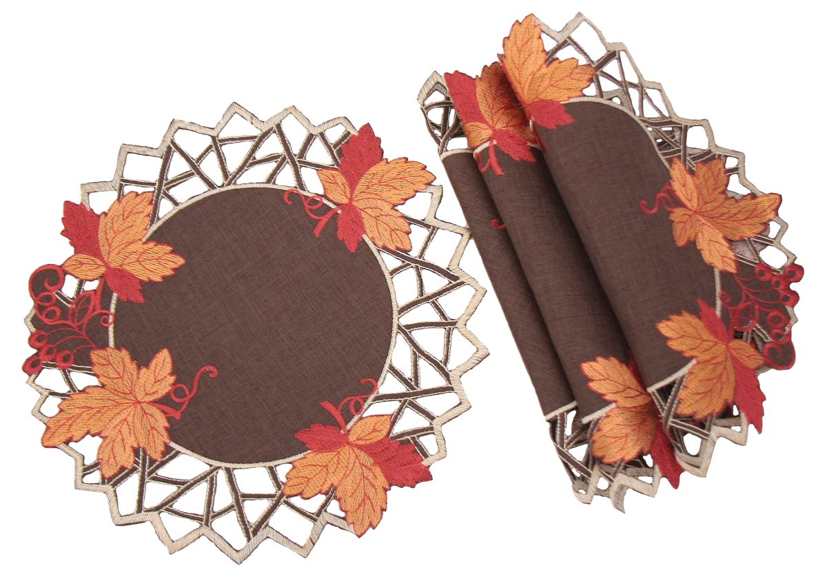 Set of 4 Harvest Hues Doilies featuring embroidered fall leaves in rich autumn colors, perfect for Thanksgiving table decor.