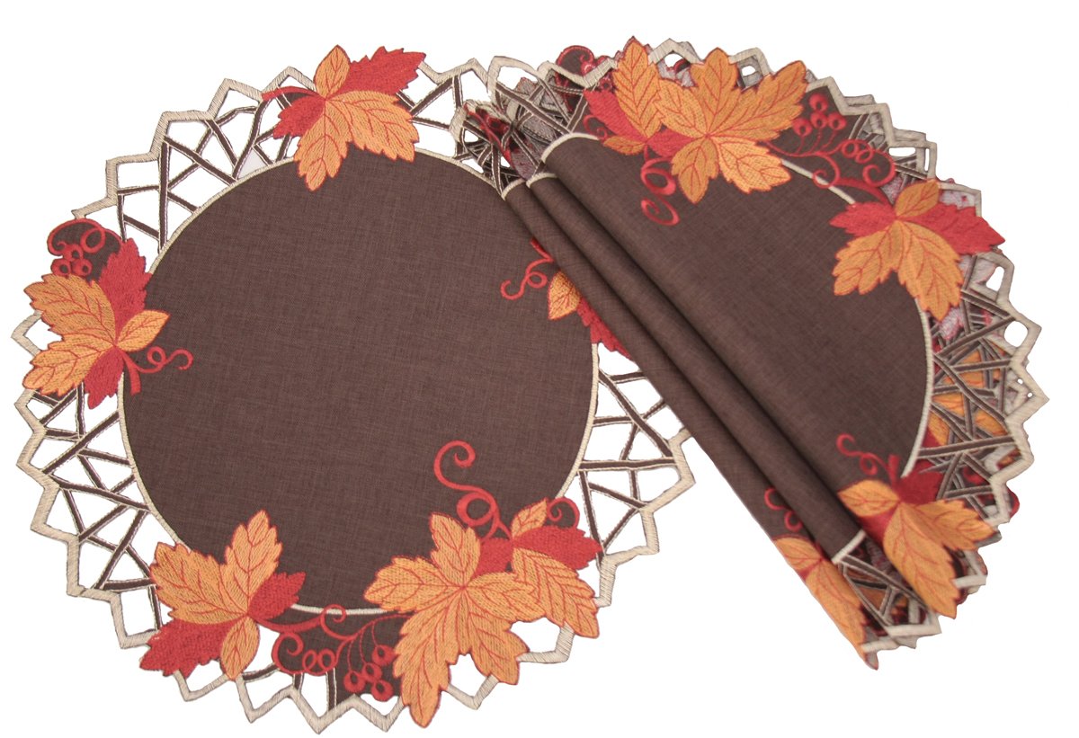 Set of 4 Harvest Hues Doilies featuring embroidered fall leaves in rich autumn colors, perfect for Thanksgiving table decor.