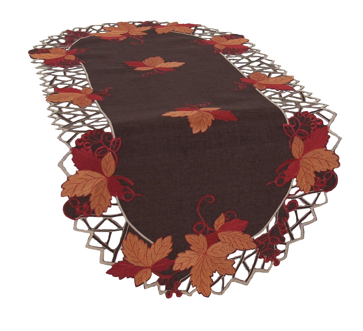 XD160908 Harvest Hues Table Runner featuring embroidered fall leaves in rich autumn colors, perfect for Thanksgiving decor.