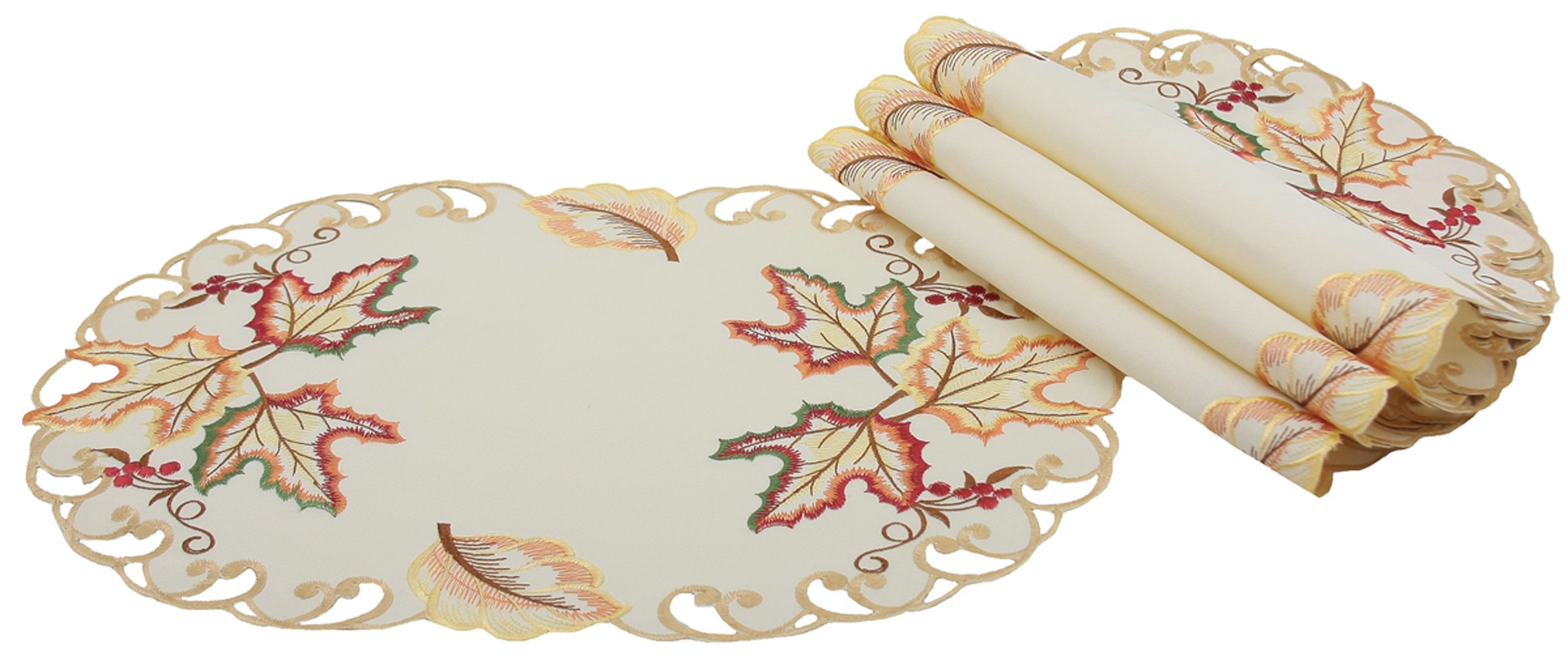 Set of 4 XD160912 Moisson Leaf Placemats featuring embroidered fall leaves in rich colors, perfect for autumn dining.