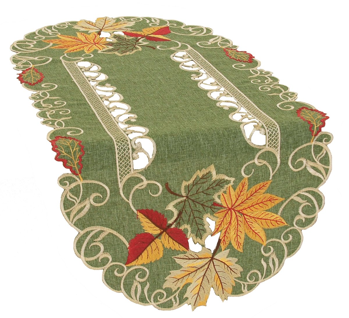 XD160915 Delicate Leaves Table Runner featuring vibrant leaf embroidery in rich fall colors, perfect for autumn dining decor.