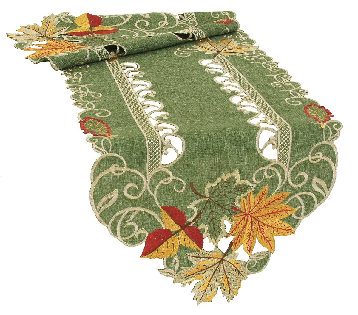 XD160915 Delicate Leaves Table Runner featuring vibrant leaf embroidery in rich fall colors, perfect for autumn dining decor.