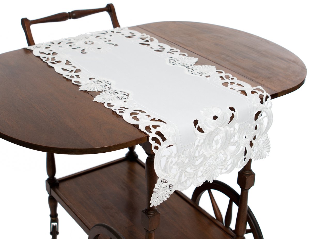 Elegant XD170185 Delicate Lace Table Runner featuring intricate floral cutwork on a white background, perfect for weddings and formal dining.