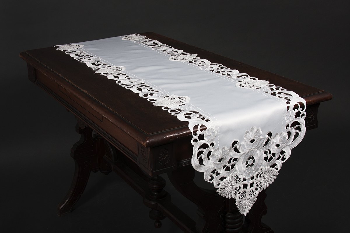 Elegant XD170185 Delicate Lace Table Runner featuring intricate floral cutwork on a white background, perfect for weddings and formal dining.