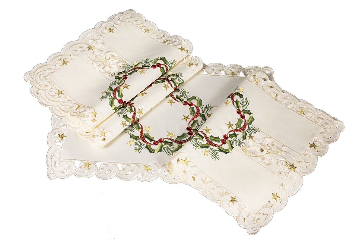 Set of 4 XD17103 Ribbon Wreath Placemats featuring embroidered Christmas holly wreaths on ivory cutwork, perfect for holiday dining.