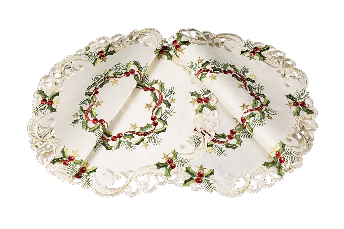 Set of 4 XD17103 Ribbon Wreath Placemats featuring embroidered Christmas holly and ribbon on ivory cutwork.