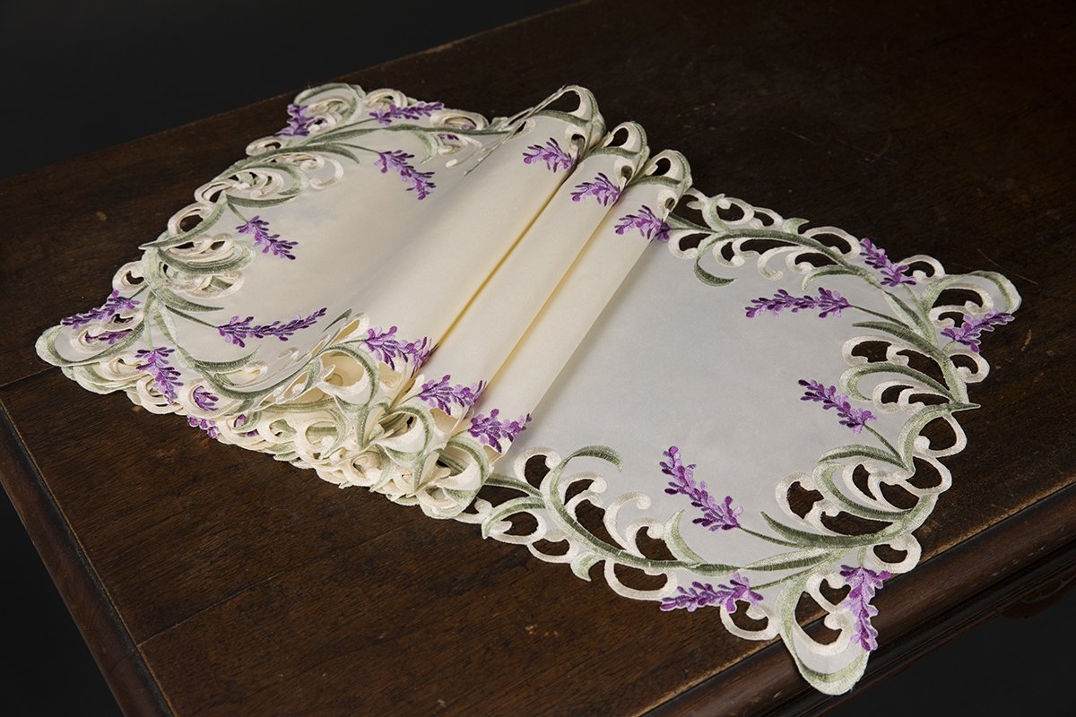 Set of 4 lavender lace placemats with scalloped edges and embroidered design, perfect for elegant dining settings.