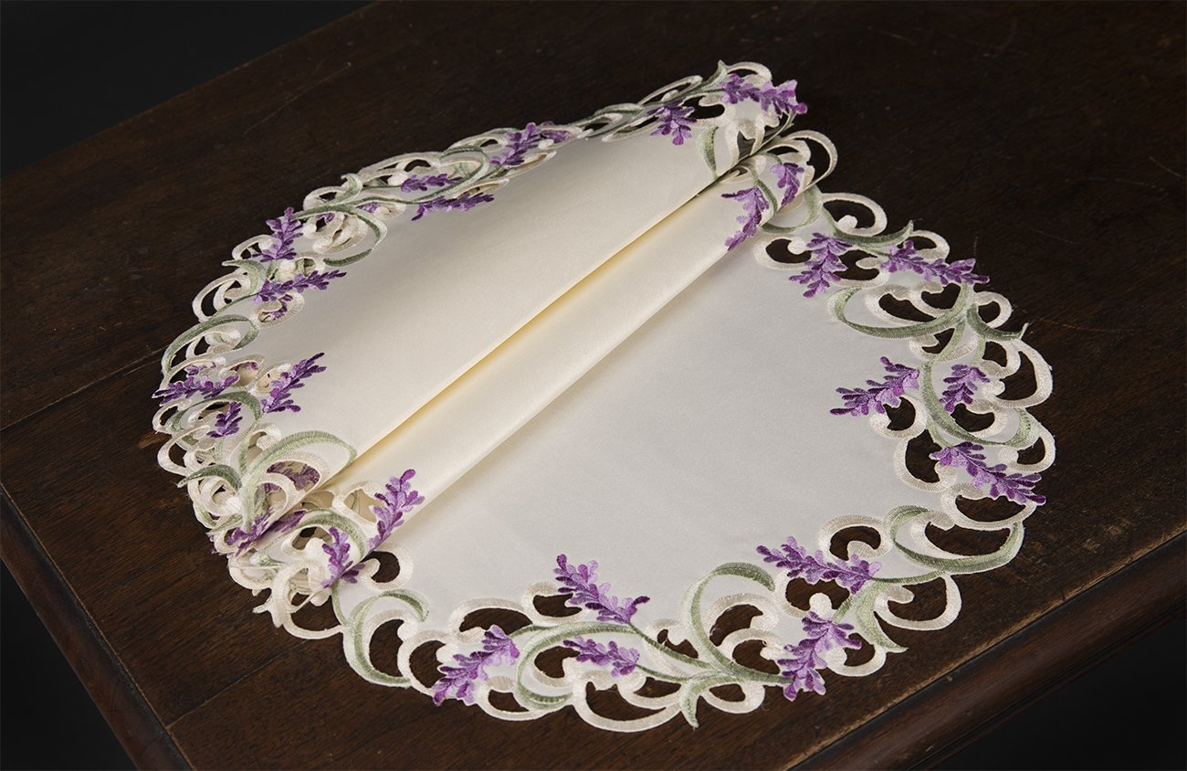 Set of 4 lavender lace placemats with scalloped edges and embroidered floral design, perfect for elegant dining settings.