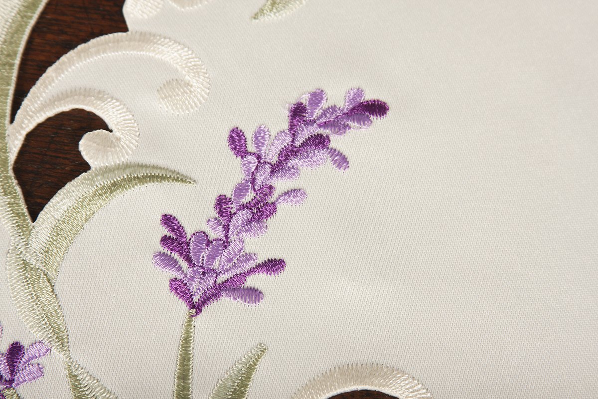 Set of 4 lavender lace placemats with scalloped edges and embroidered floral design, perfect for elegant dining settings.