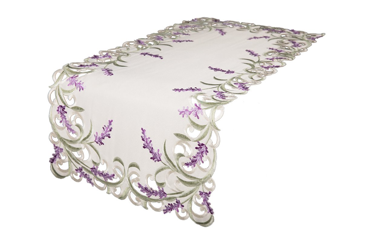 Elegant lavender lace table runner with scalloped edges and green embroidery, perfect for enhancing table settings.