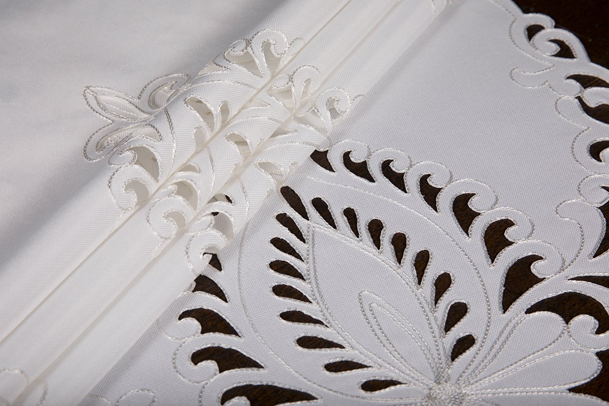 Set of 4 XD17144 Wilshire Placemats with scalloped cutwork edges and floral embroidery on a textured beige background.