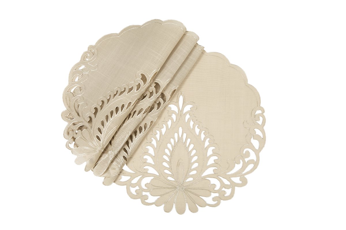 Set of 4 XD17144 Wilshire Placemats with scalloped cutwork edges and floral embroidery on a textured beige background.