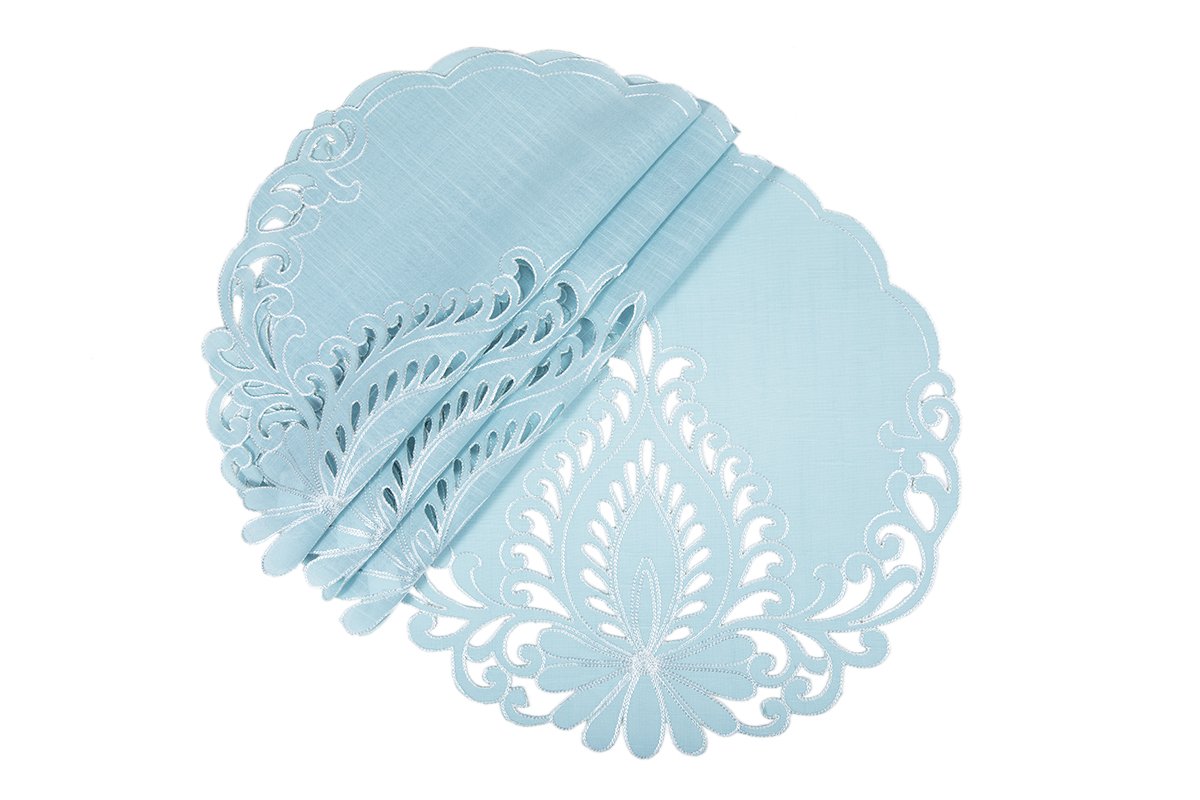 Set of 4 XD17144 Wilshire Placemats with scalloped cutwork edges and floral embroidery on a textured beige background.