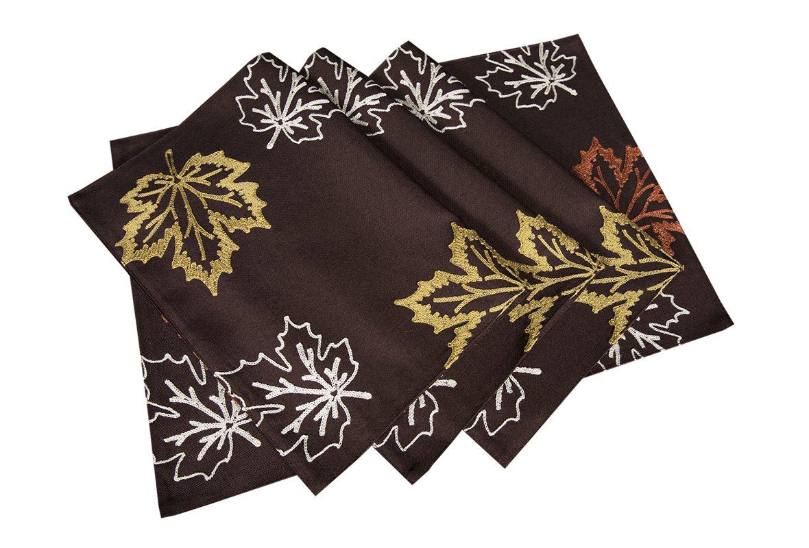 Set of 4 rustic autumn placemats featuring embroidered leaves in warm colors on a natural or coffee backdrop.