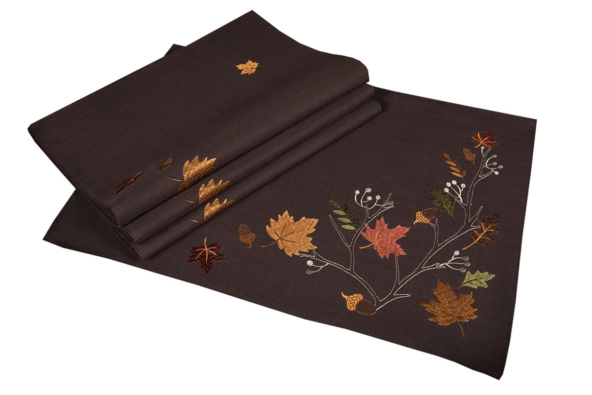 Set of 4 XD17147 Autumn Branches Placemats featuring embroidered leaves in harvest green, rust, and burnt orange colors.