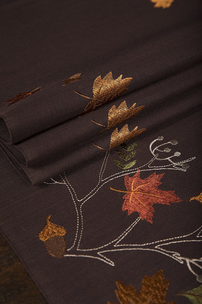 Set of 4 XD17147 Autumn Branches Placemats featuring embroidered leaves in harvest green, rust, and burnt orange colors.