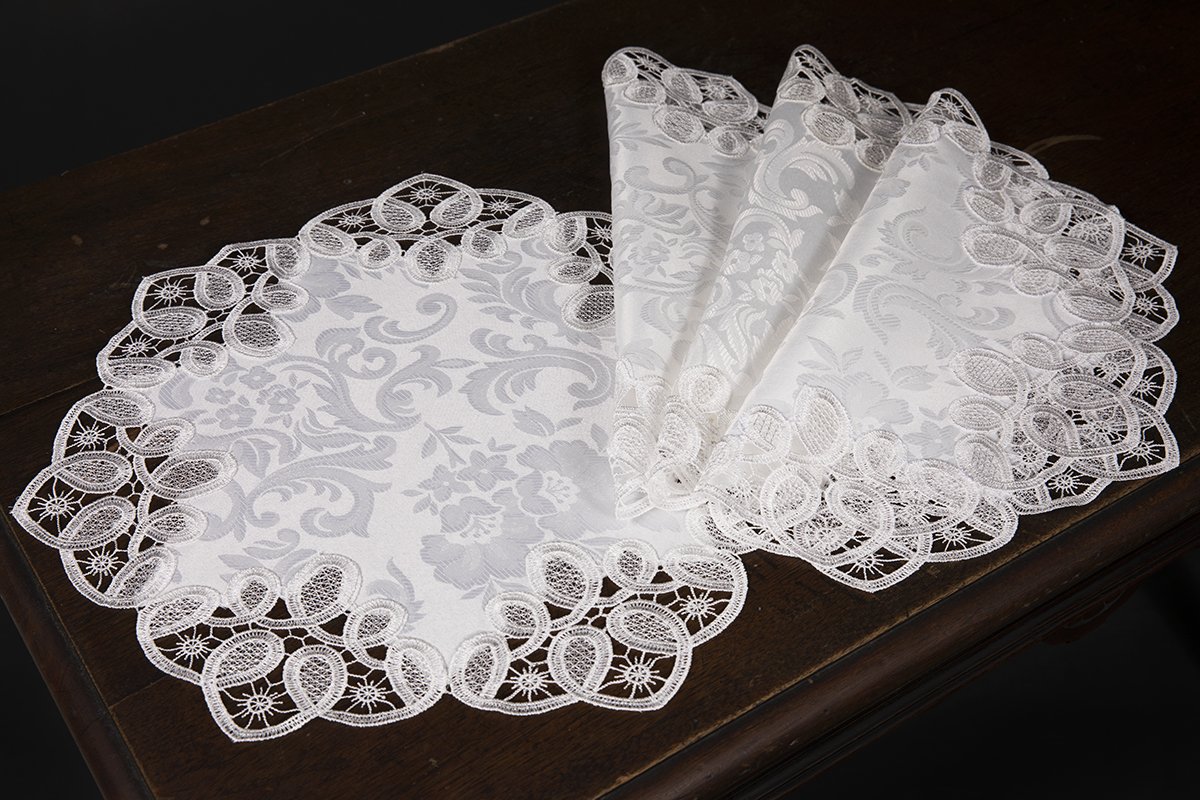 Set of 4 XD17190 Antebella Lace Placemats featuring intricate cutwork and elegant floral designs on pure white fabric.