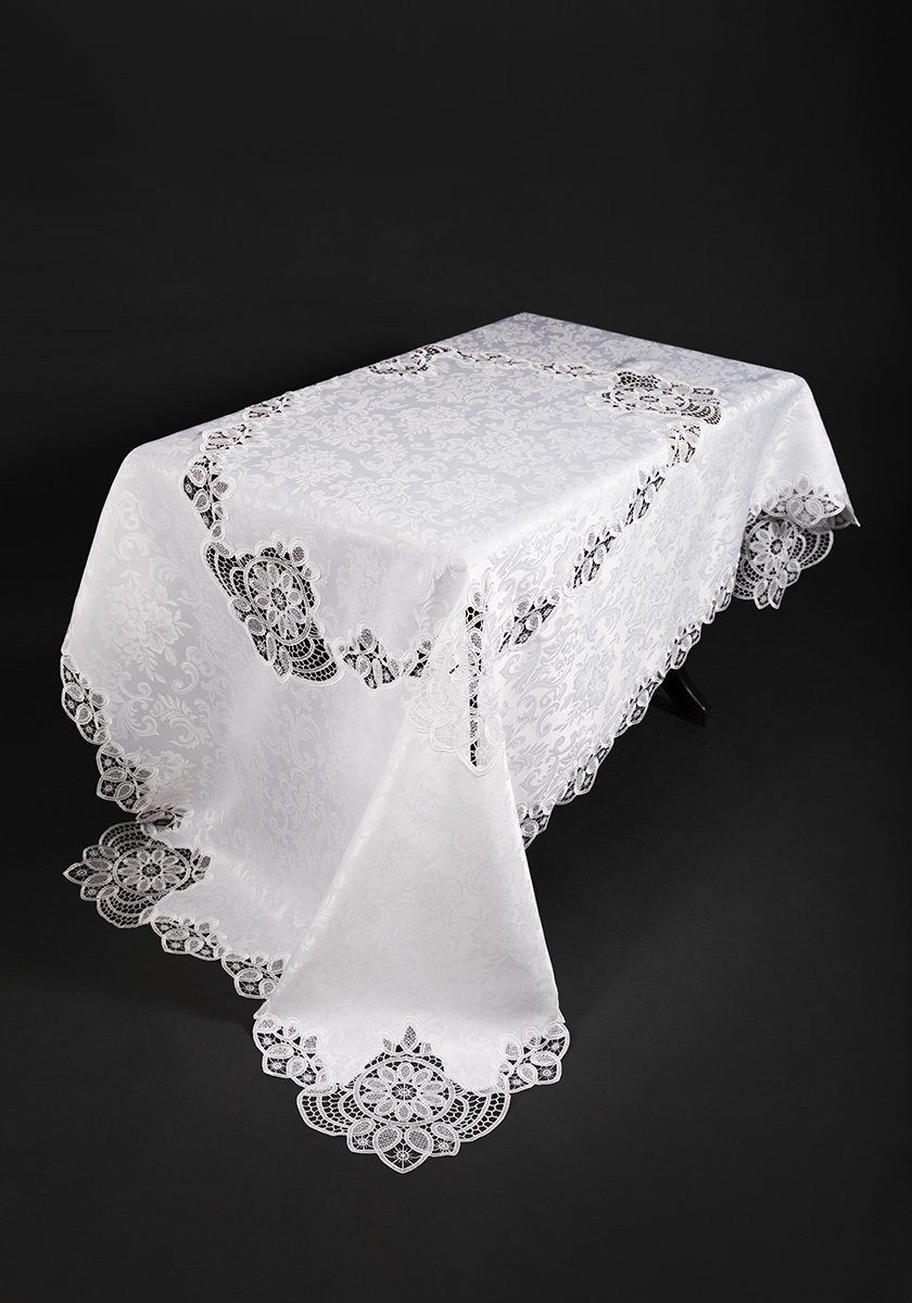 XD17190 Antebella Lace Tablecloth featuring intricate cutwork lace and scrolling damask florals in pure white.