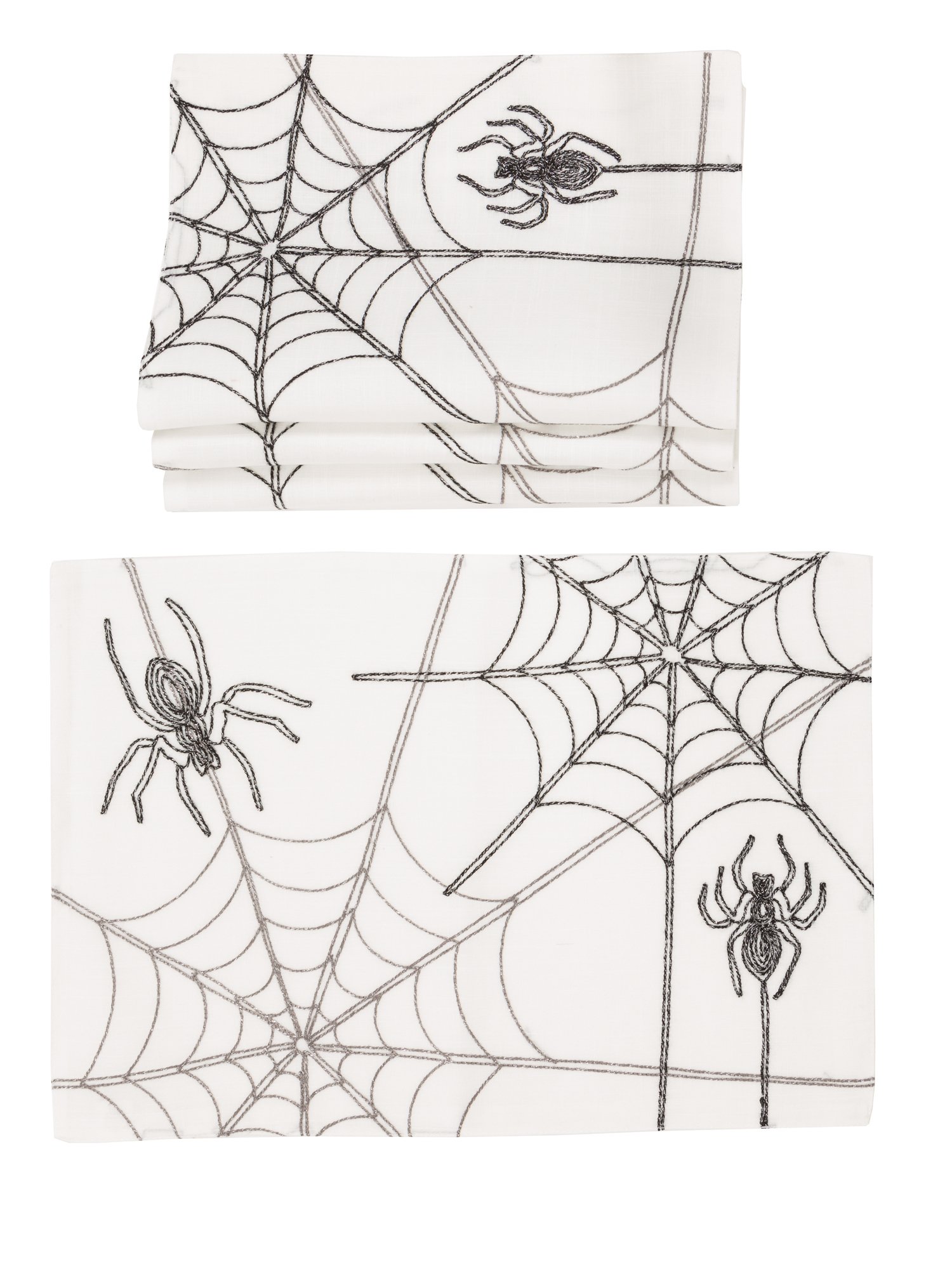 Set of 4 Halloween Spider Web Placemats in white and black, featuring vivid embroidered spider web design on thick fabric.