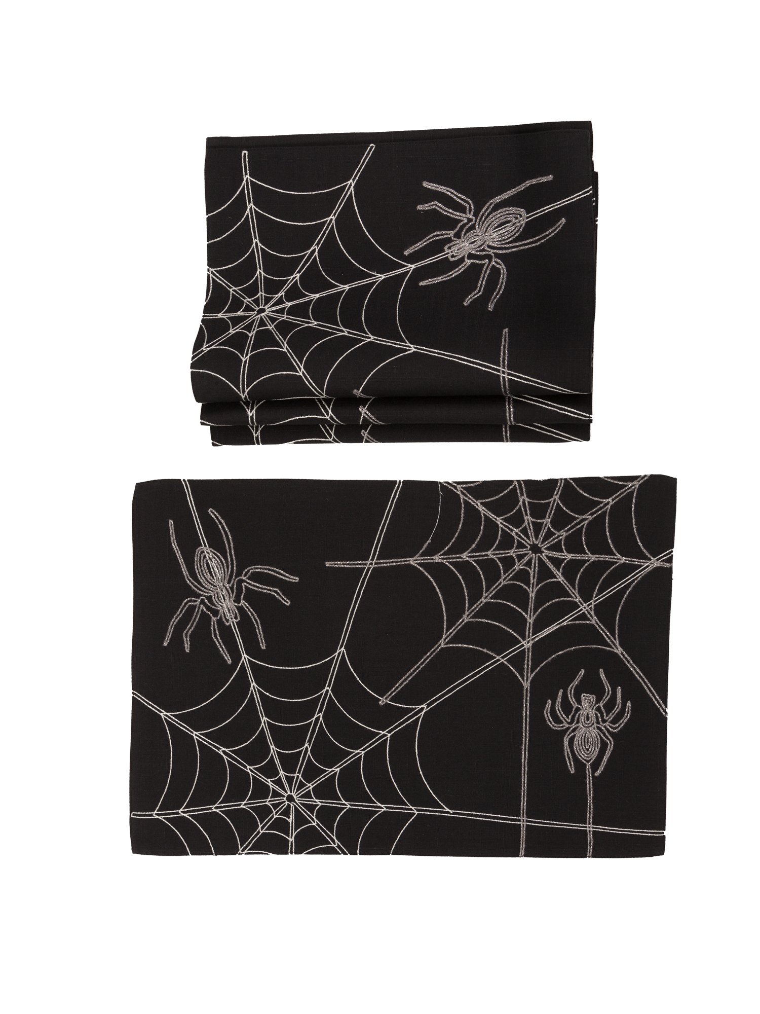 Set of 4 Halloween Spider Web Placemats in white and black, featuring vivid embroidered spider web design on thick fabric.