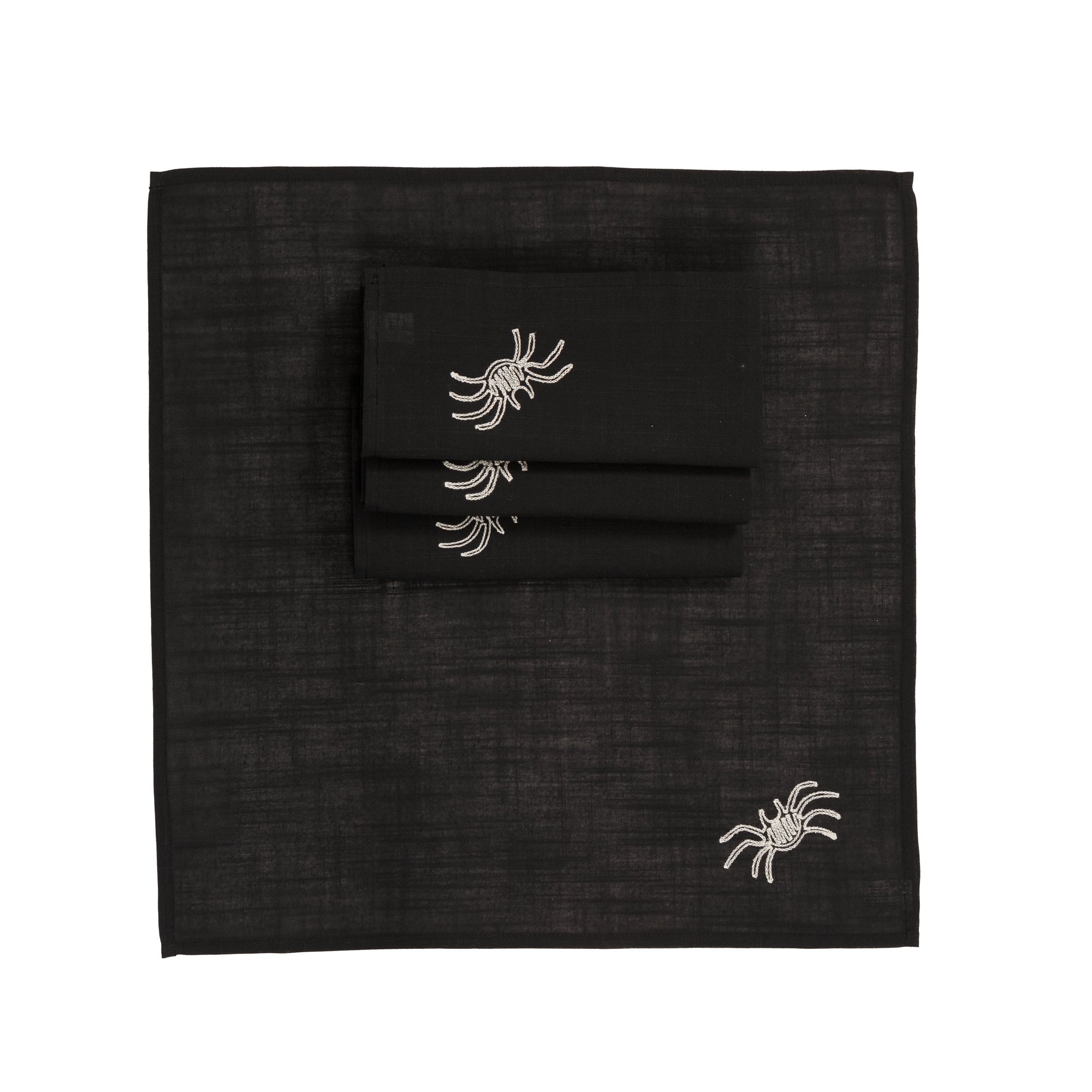 Set of 4 black Halloween napkins featuring embroidered designs of spiders, pumpkins, and bats, perfect for festive table settings.