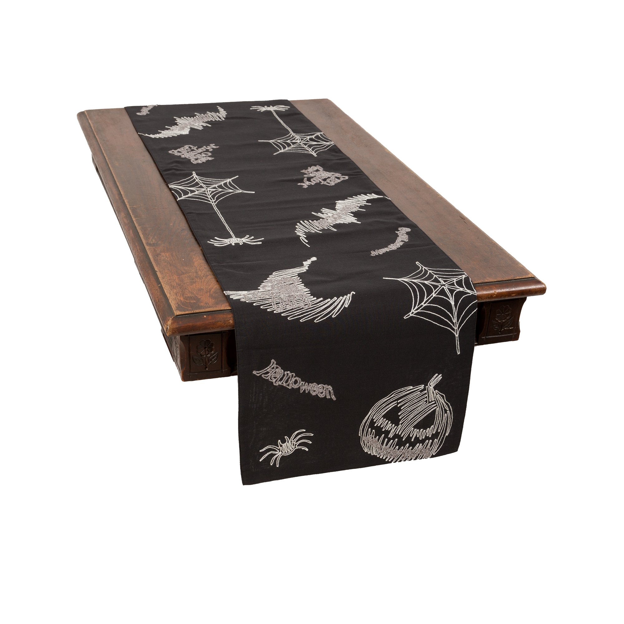 XD18802 Happy Halloween Double Layer Table Runner featuring spooky patterns like spiders, pumpkins, and bats on thick fabric.