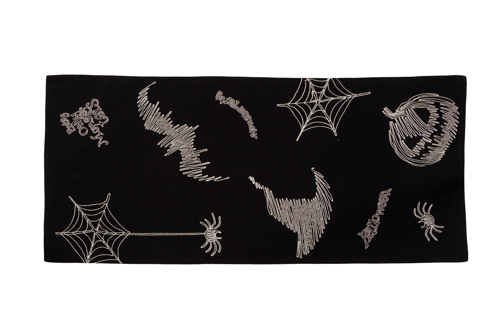 XD18802 Happy Halloween Double Layer Table Runner featuring spooky patterns like spiders, pumpkins, and bats on thick fabric.