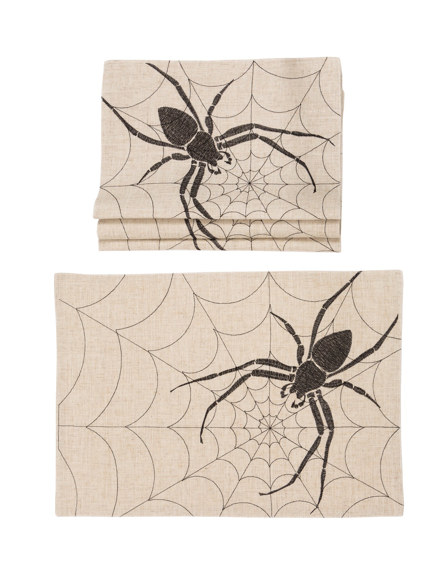 Set of 4 Halloween placemats featuring embroidered spiders and webs on a linen blend fabric, perfect for festive dining.