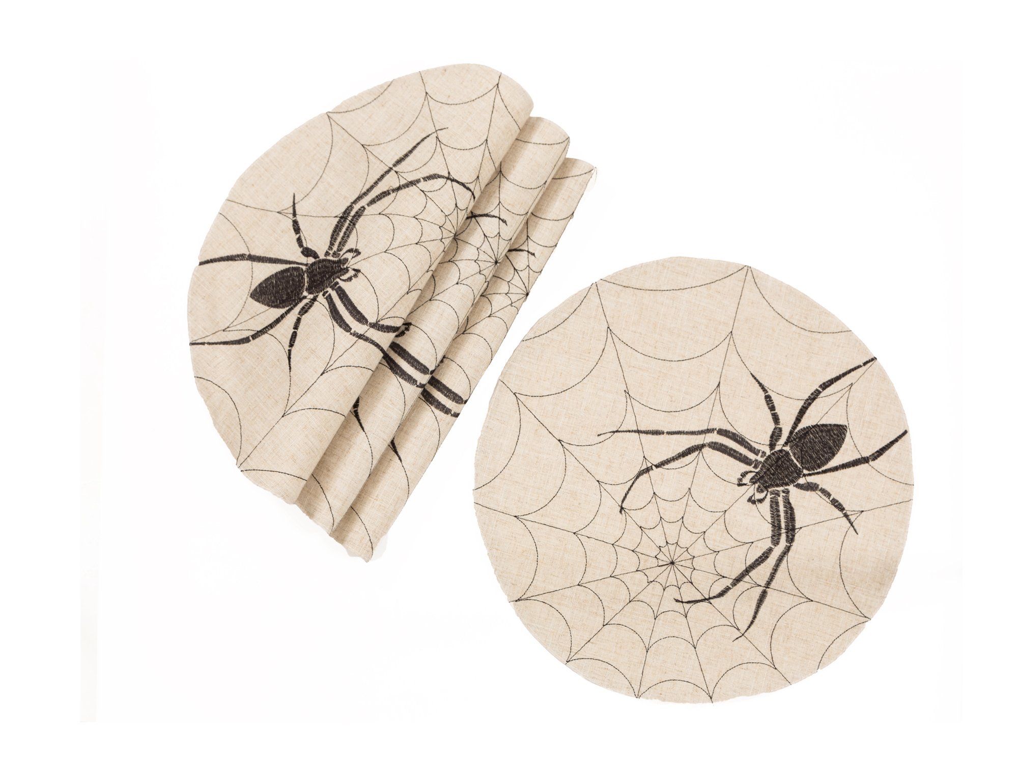 Set of 4 Halloween Creepy Spiders Placemats featuring vivid spider embroidery on a sophisticated web design.