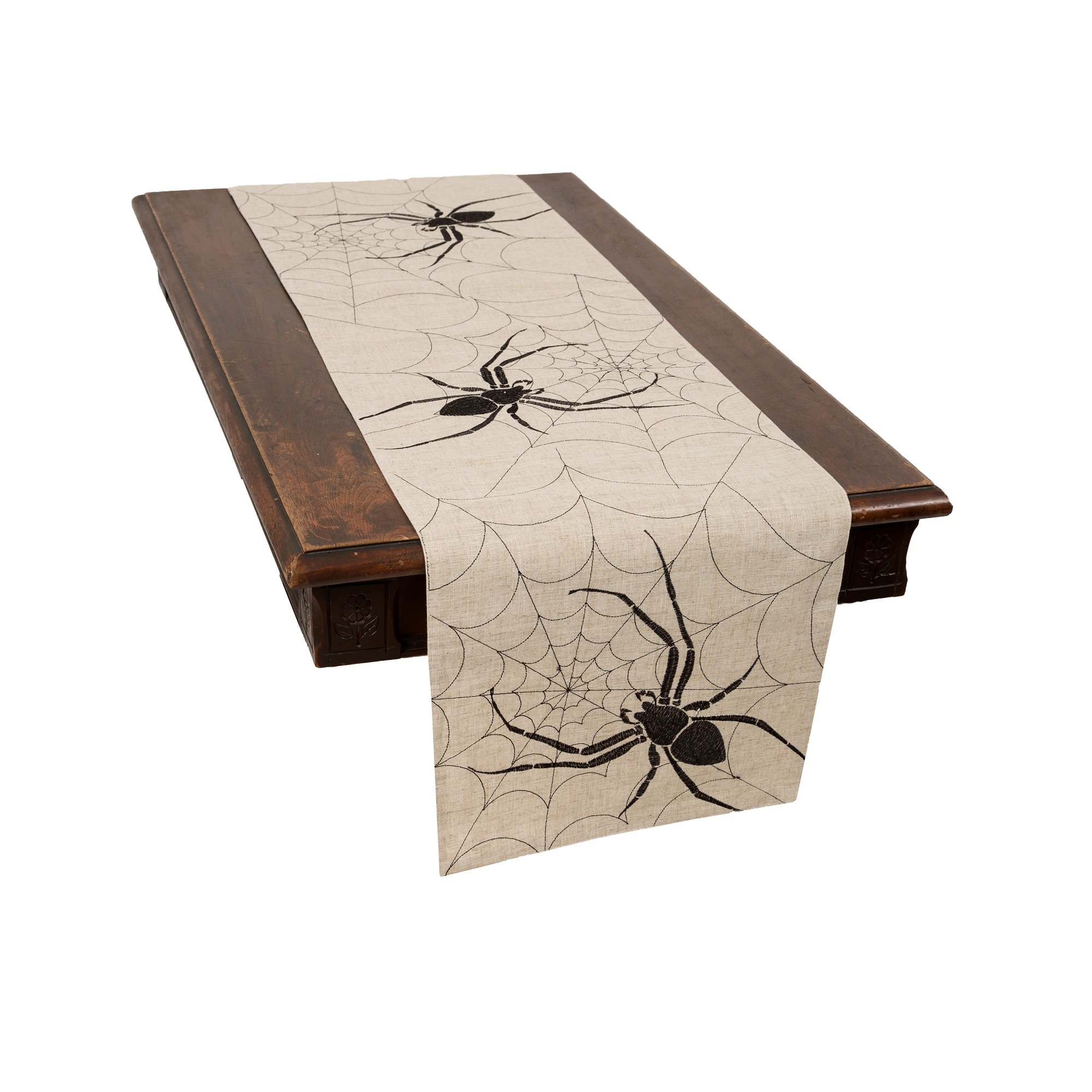 XD18803 Halloween Creepy Spiders Table Runner featuring a vivid spider design embroidered on a sophisticated web, made from linen blend fabric.