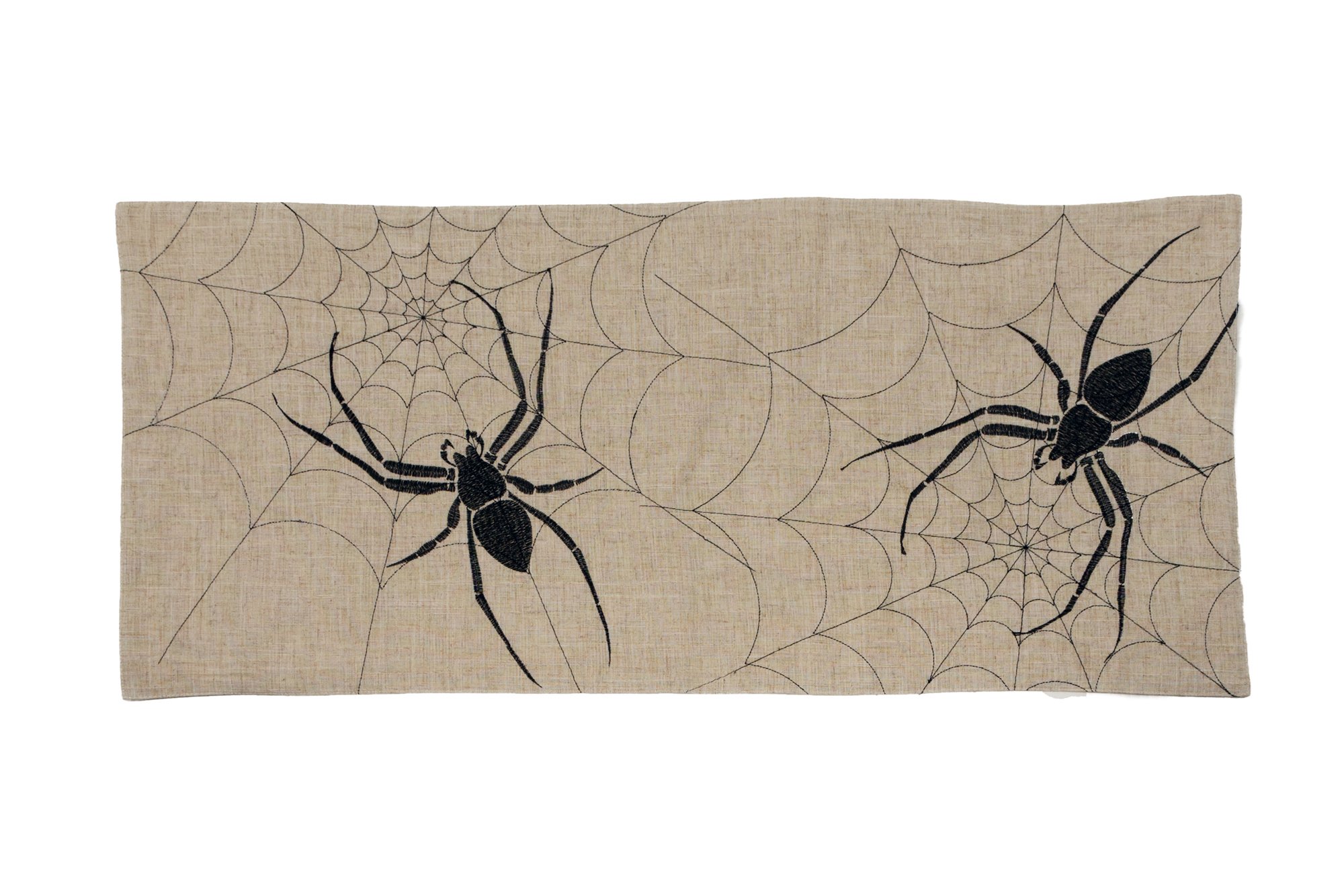 XD18803 Halloween Creepy Spiders Table Runner featuring a vivid spider design embroidered on a sophisticated web, made from linen blend fabric.