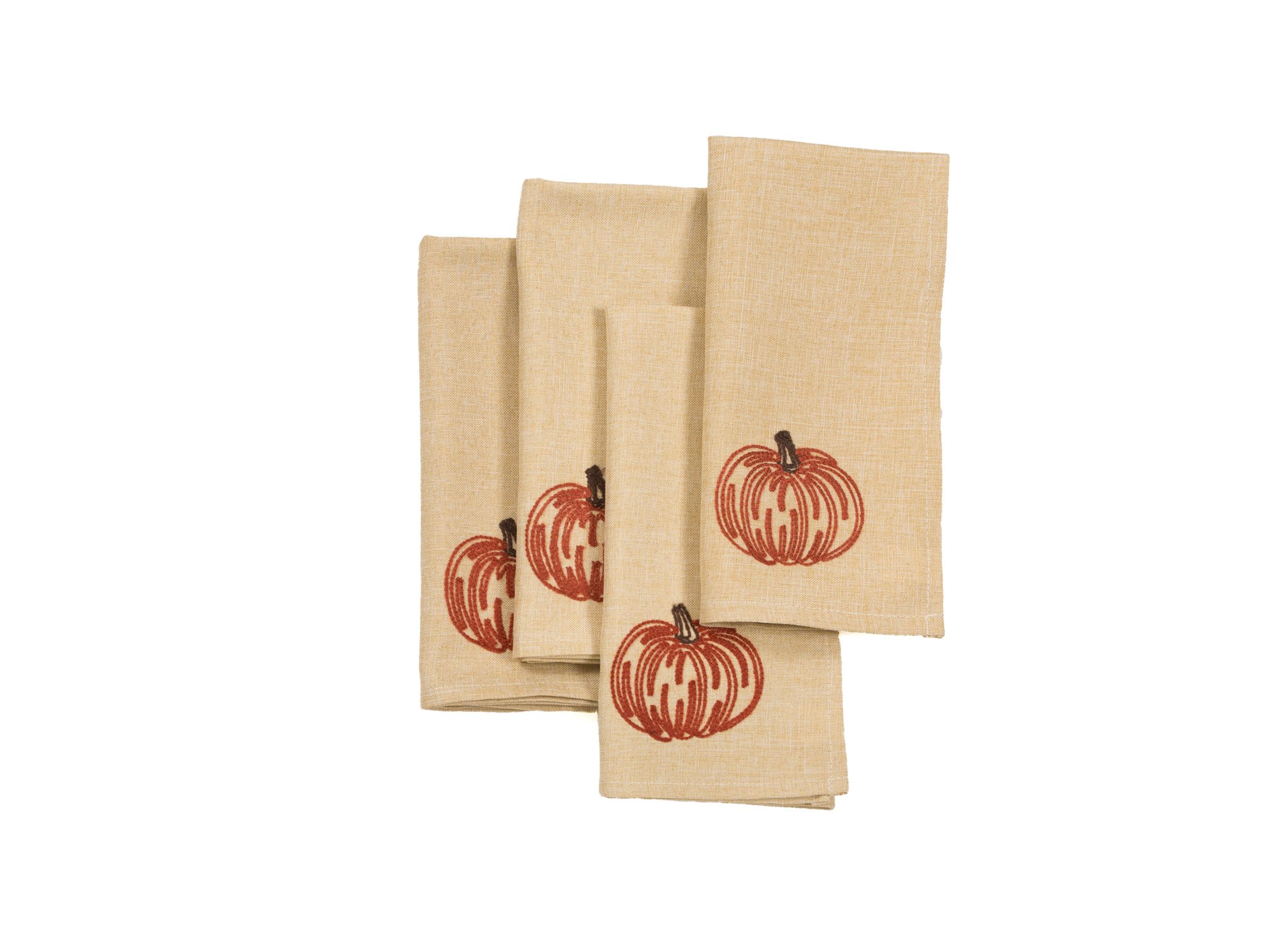 Set of 4 20x20 pumpkin-themed napkins with embroidered designs, perfect for Thanksgiving and fall gatherings.