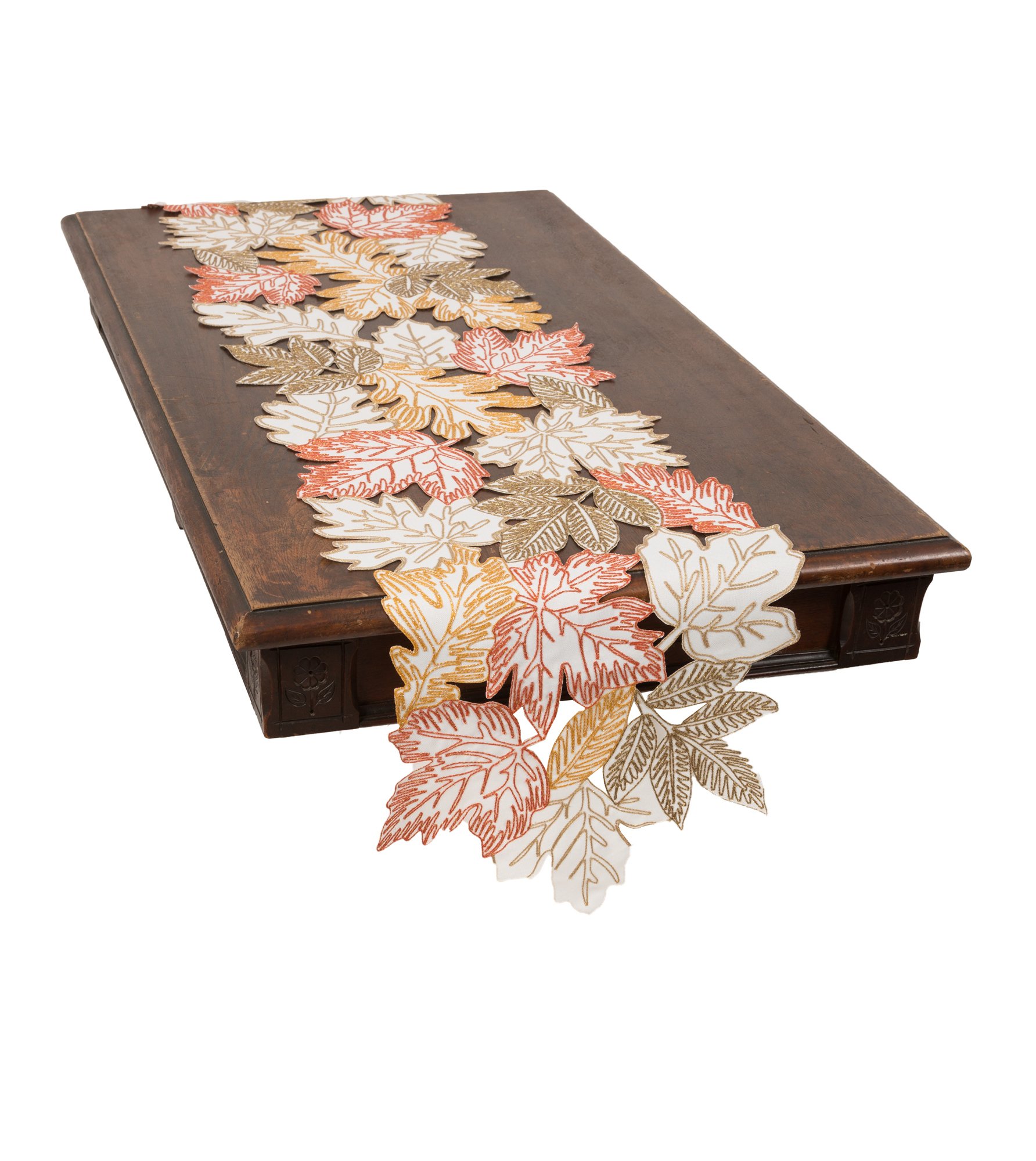 XD18805 Autumn Leaves Table Runner featuring rich fall foliage embroidery in White, Beige, and Brown colors, perfect for Thanksgiving decor.