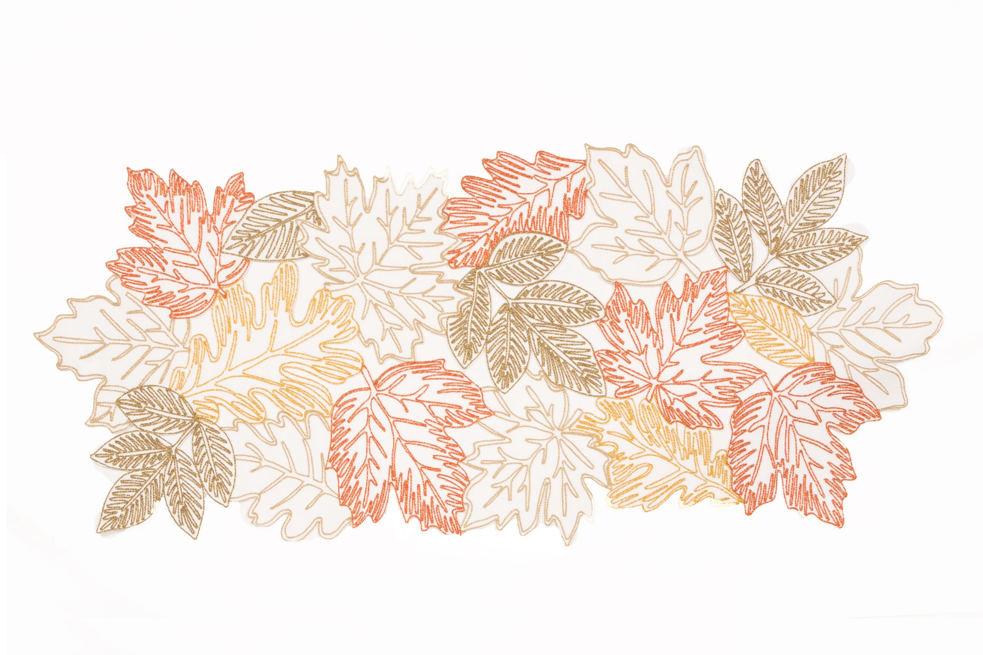 XD18805 Autumn Leaves Table Runner featuring rich fall foliage embroidery in White, Beige, and Brown colors, perfect for Thanksgiving decor.