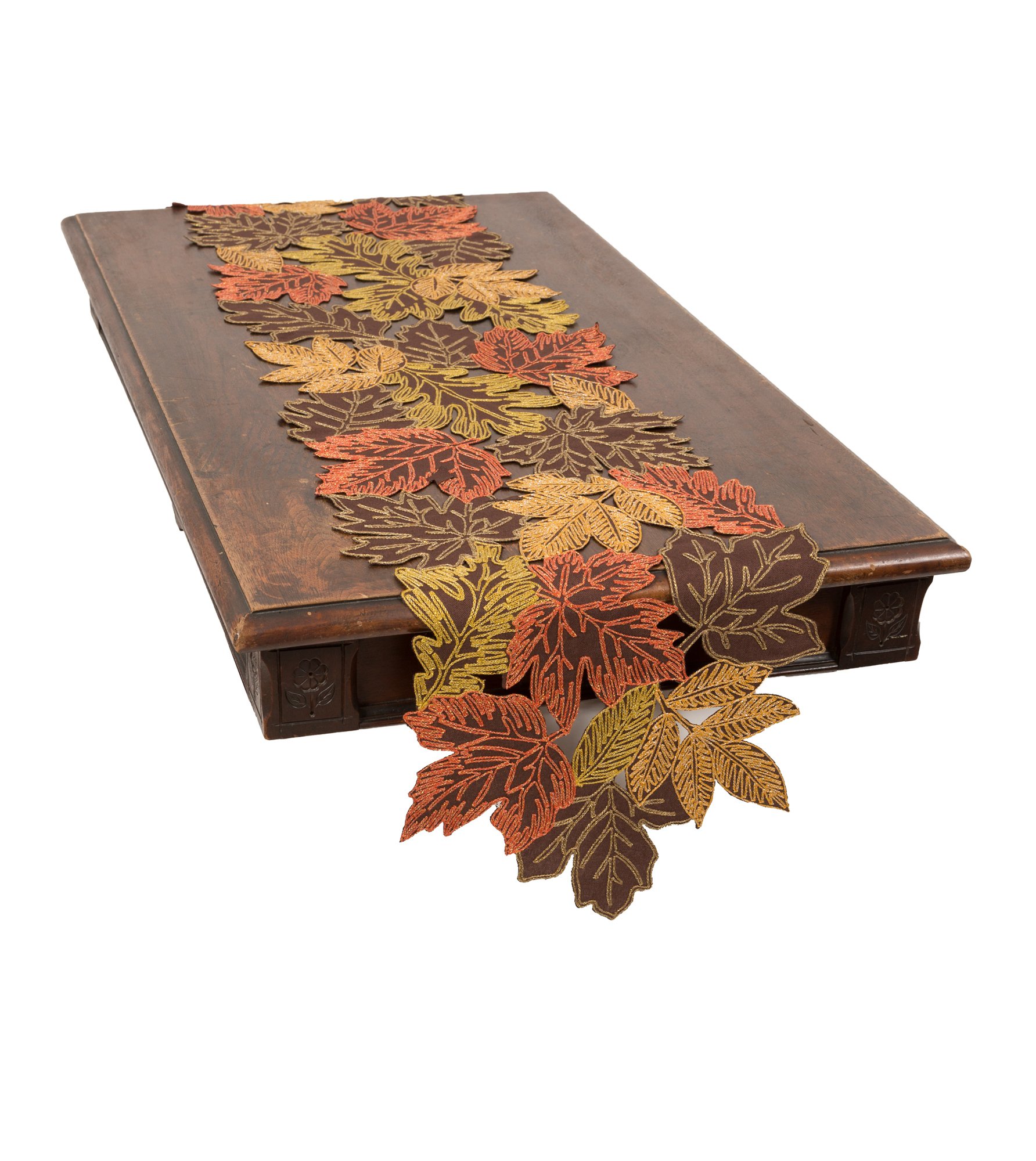 XD18805 Autumn Leaves Table Runner featuring rich fall foliage embroidery in White, Beige, and Brown colors, perfect for Thanksgiving decor.