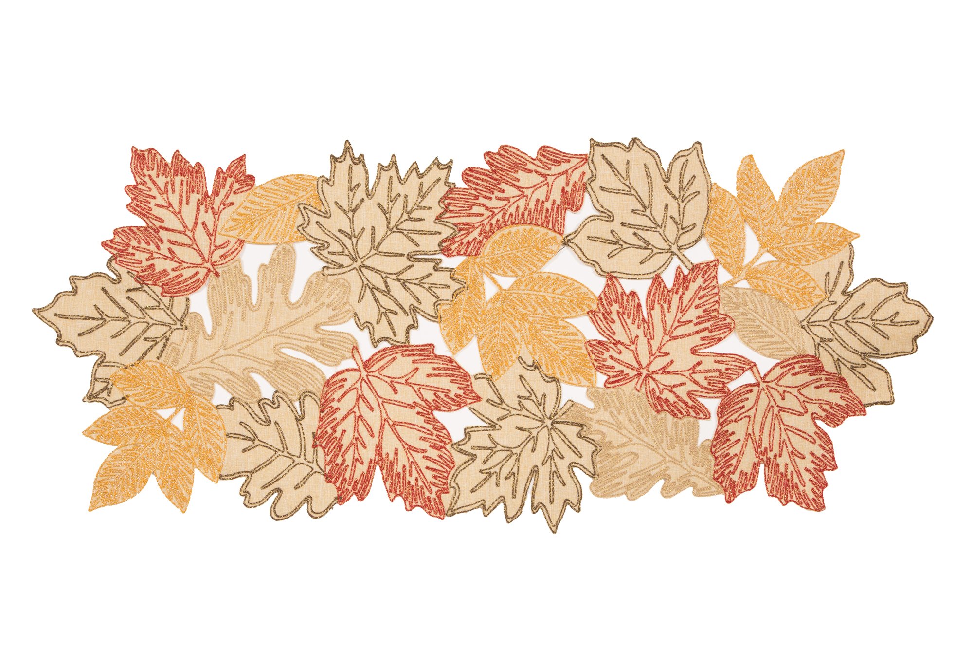 XD18805 Autumn Leaves Table Runner featuring rich fall foliage embroidery in White, Beige, and Brown colors, perfect for Thanksgiving decor.