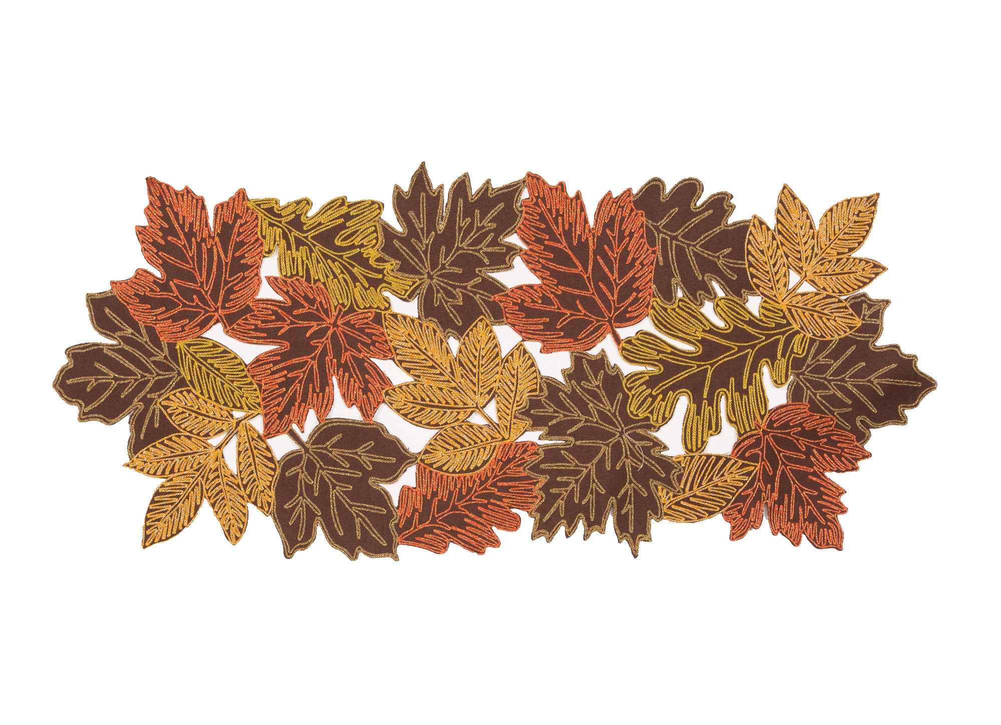 XD18805 Autumn Leaves Table Runner featuring rich fall foliage embroidery in White, Beige, and Brown colors, perfect for Thanksgiving decor.