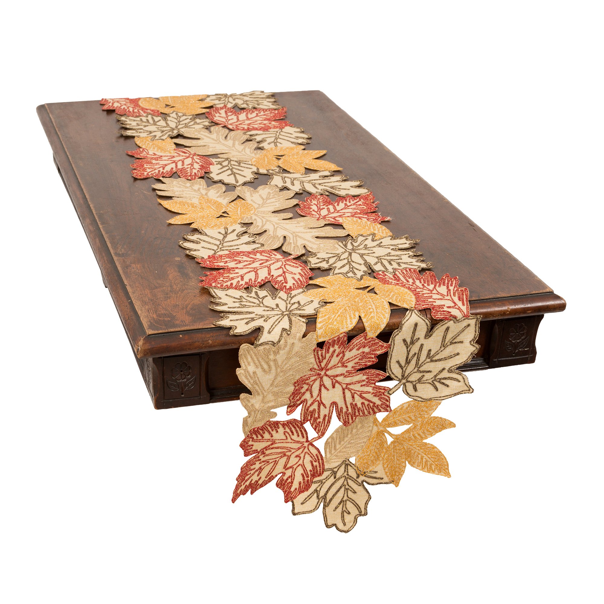 XD18805 Autumn Leaves Table Runner featuring rich fall foliage embroidery in White, Beige, and Brown colors, perfect for Thanksgiving decor.